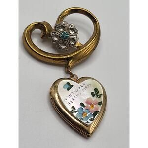 Vintage Heart Locket Brooch Gold Tone Floral Center Victorian Revival